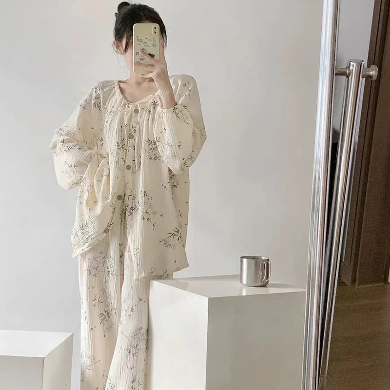 新中式绵柔睡衣女款春秋婴儿纱布国风长袖长裤月子家居服大码套装