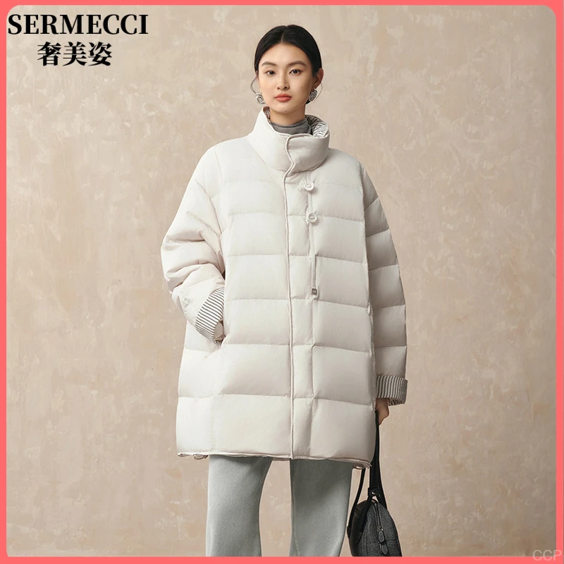 奢美姿时尚立领羽绒服女中长款2025年冬季新款保暖拼接撞色简约外