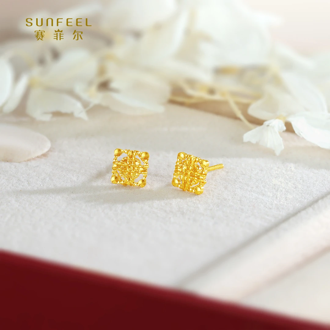 SUNFEEL/赛菲尔【十店】 足金5G金时尚花丝方形直针耳钉5GE00841