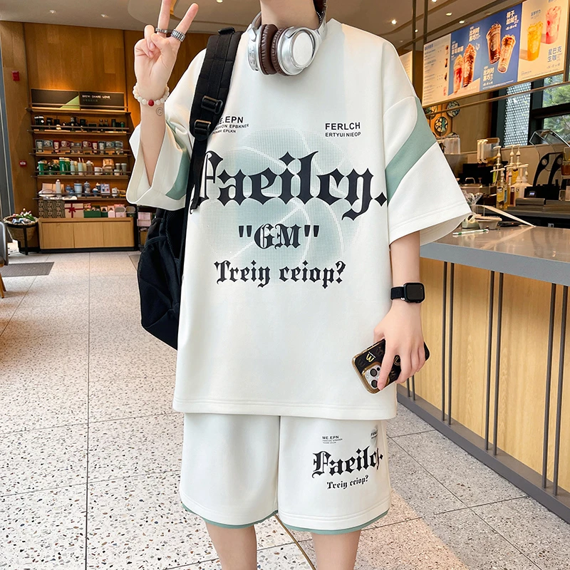 夏季新款青少年宽松透气薄款短袖套装学生运动速干透气上衣两件男