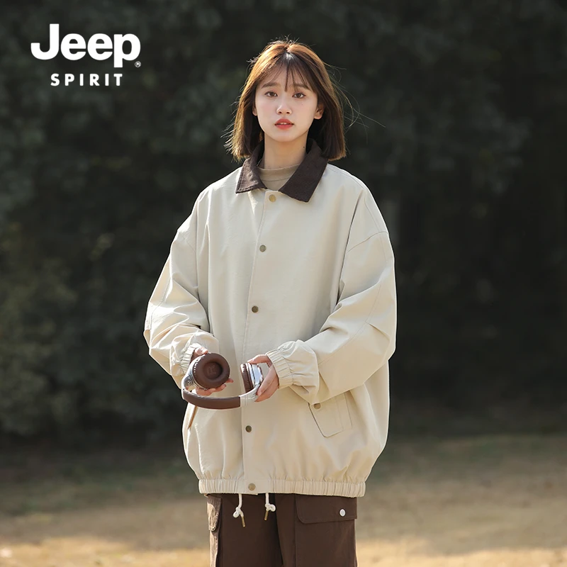 JEEPSPIRIT吉普复古翻领夹克外套男女同款春秋季休闲百搭潮流夹克