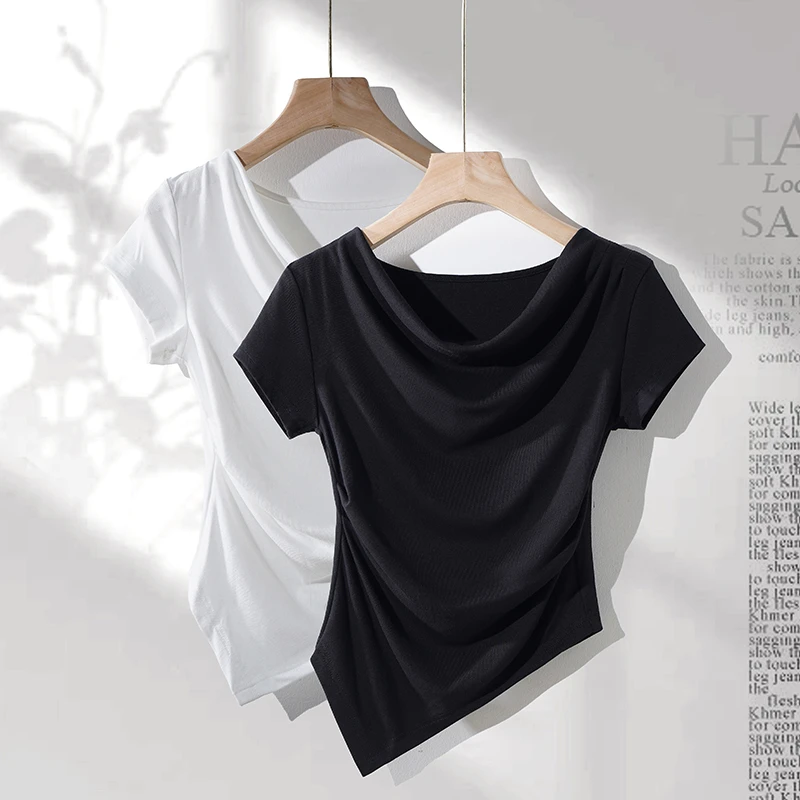 拉夏贝尔设计感修身短袖上衣2025夏新款韩系百搭不规则荡领T恤女