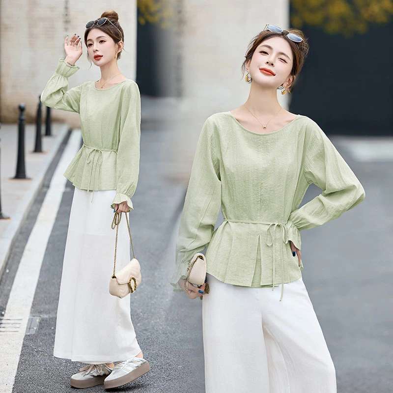韩系长袖衬衫套装女2025年秋季新款时尚洋气减龄薄款阔腿裤两件套