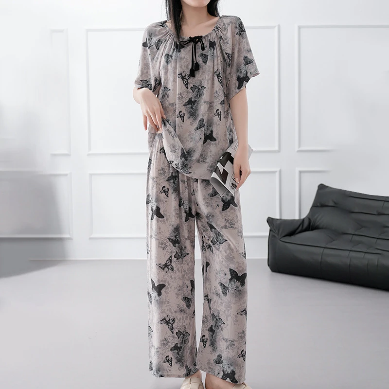短袖长裤绵绸睡衣女春夏季高级感蝴蝶印花家居服大码套装可外穿薄