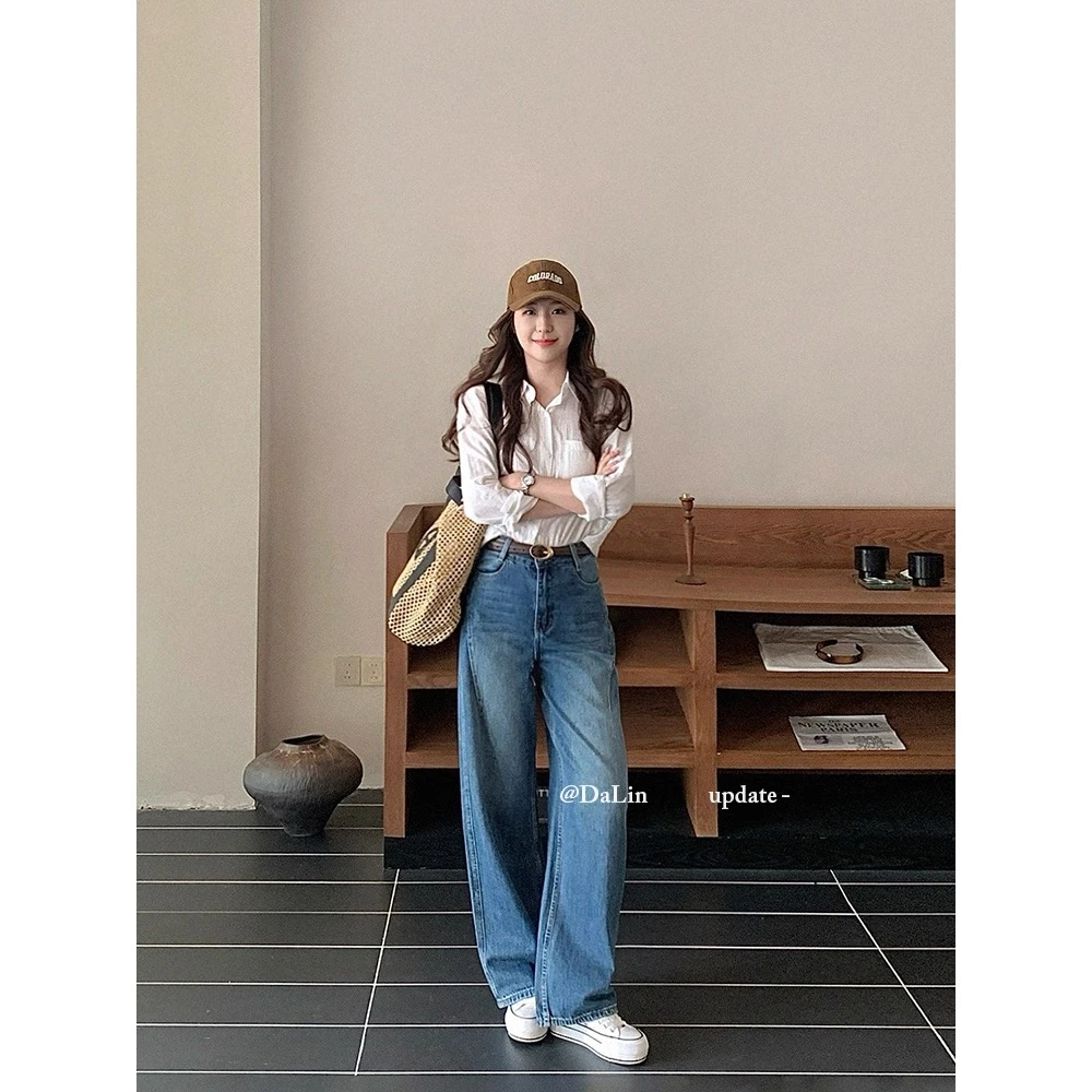 【现货+运费险】早秋新款牛仔裤女窄版弯刀裤宽松显腿长复古蓝