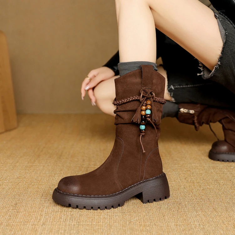 牛反皮5cm～复古中跟厚底西部牛仔堆堆靴中筒短靴时尚女粗跟西部靴