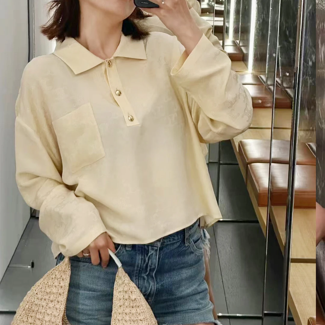 未使用 Celine/思琳 纯色Logo口袋宽松长袖Polo衬衫