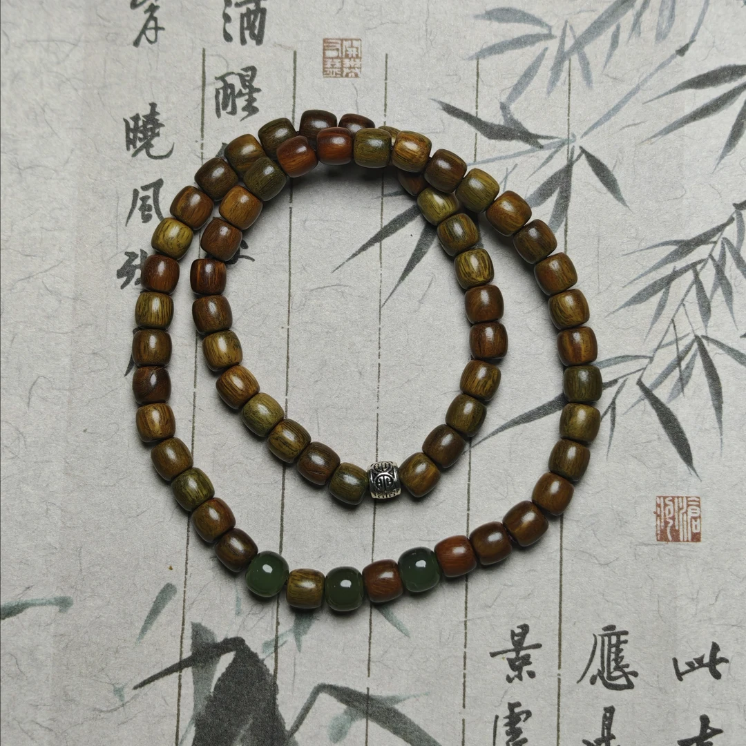 【耶耶家】绿檀桶珠6mm双圈配和田玉