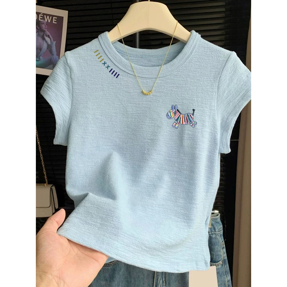 蓝色彩虹小马T恤女2025夏季新款超好看的大码小个子正肩短袖上衣