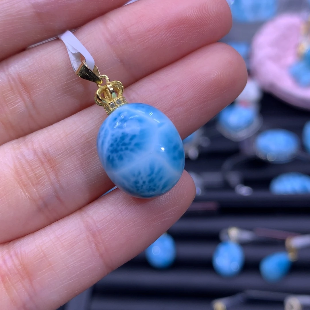 针钠钙石（海纹石）银S925镀金镶嵌吊坠(不含链)蛋面吊坠色差略异