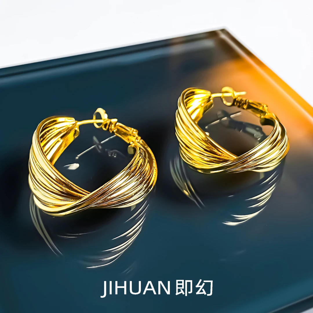 即幻 铜合金耳饰 欧美小众百搭气质经典编织缠绕金色圈圈耳环9853
