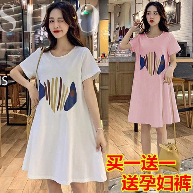 孕妇上衣夏季短袖中长款孕妇装夏装外穿宽松连衣裙网红款套装裤子