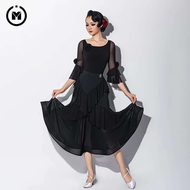 IAMYC新款摩登舞服网纱荷叶边鱼骨大摆半身裙套装B10171+B20131