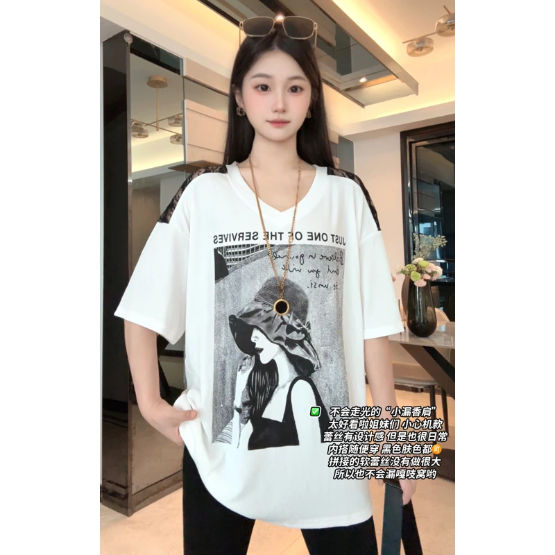 重工款蕾丝拼接肩膀显瘦女T恤短袖立体印花设计休闲宽松韩版时尚