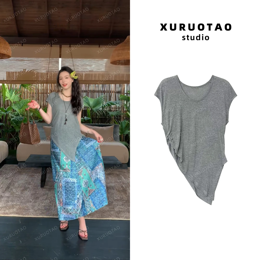 XURUOTAO 【夏日巴黎】 亚麻不规则下摆设计舒适灰色上衣 T5228