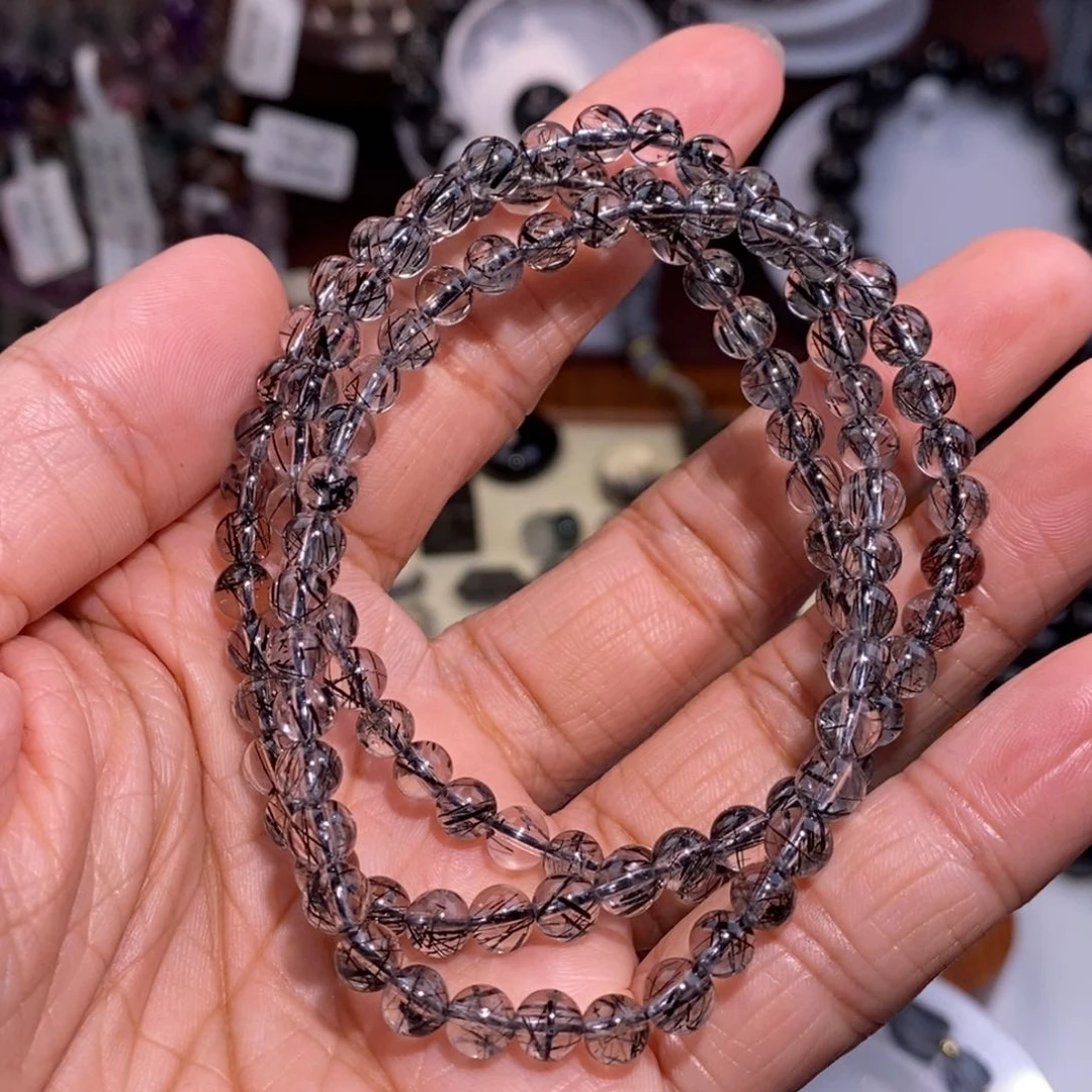 水晶手链未镶嵌黑发晶三圈蕾丝全透体5mm