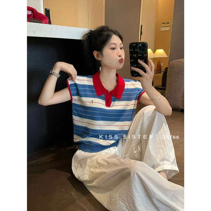 韩版显瘦Polo领条纹撞色刺绣小T