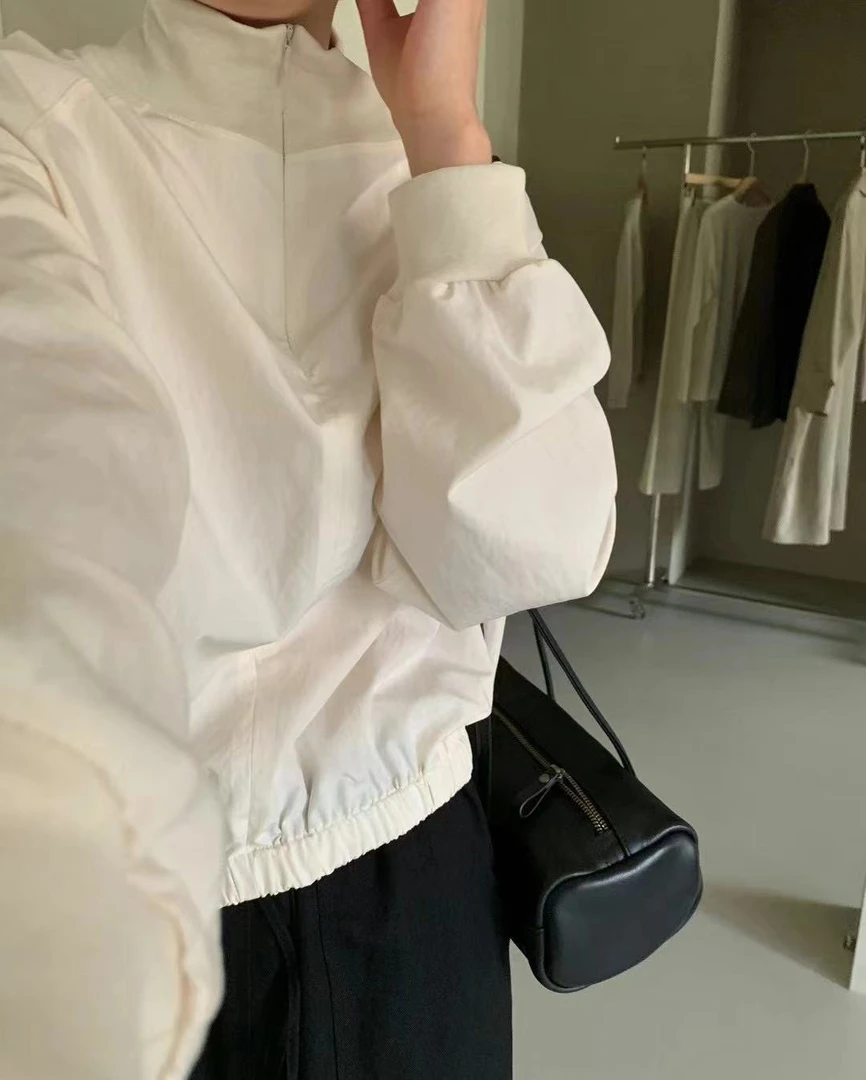 韩系设计感宽松半拉链杏色上衣女新款可单穿