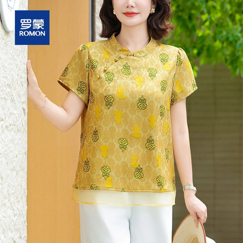罗蒙妈妈装夏装新款国风减龄小衫套装时尚中老年人女短袖雪纺T恤