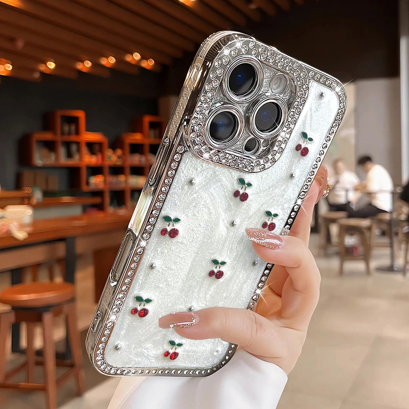 奢华水钻樱桃设计适用苹果16手机壳iPhone15高级感14防摔13保护套