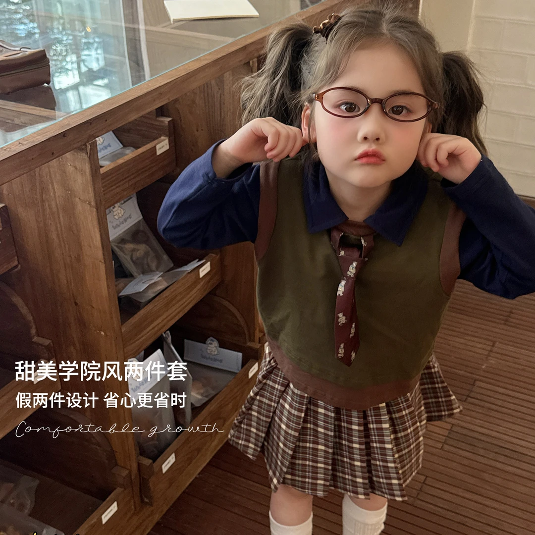 【大小卷】新品韩版假两件衬衫甜美学院风女童百褶裙两件套-52430