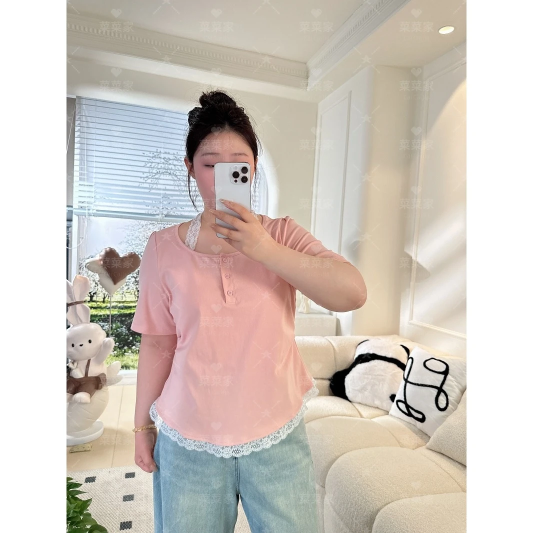 【苹果】CCC11450夏季新款纯欲蕾丝拼接收腰显瘦短袖上衣