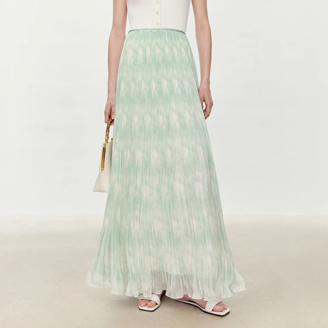 LYNEE 晕染薄荷印花朦胧感垂坠半身裙新款度假风百褶裙LGD2FSW231