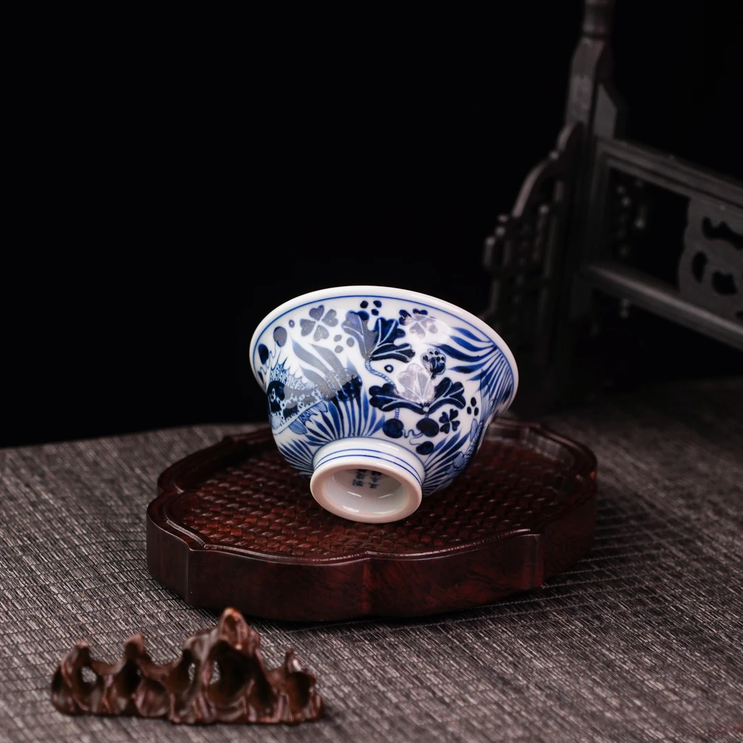 刘建锋窑元鱼草压手杯撇口杯功夫茶具手绘品茗LJF092茶杯青花陶瓷
