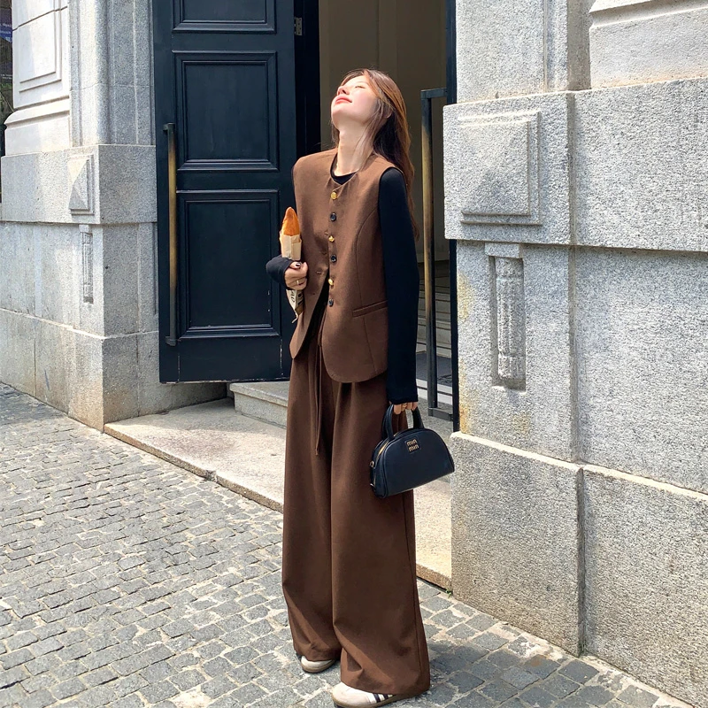 通勤极简风马甲打底衫阔腿裤2025春秋新款复古韩系美拉德风三件套