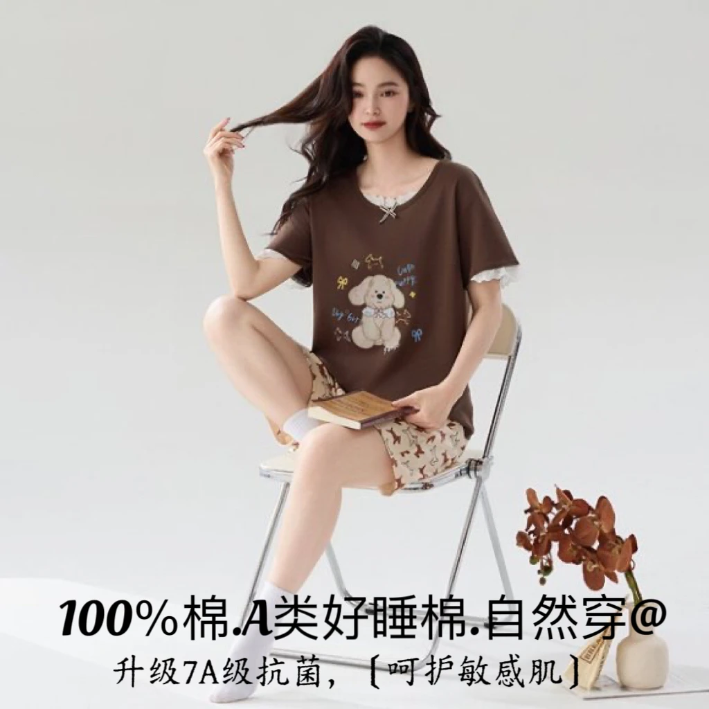 纯棉夏季新款女卡通可爱学生睡衣短袖短裤宽松大码家居服两件套女