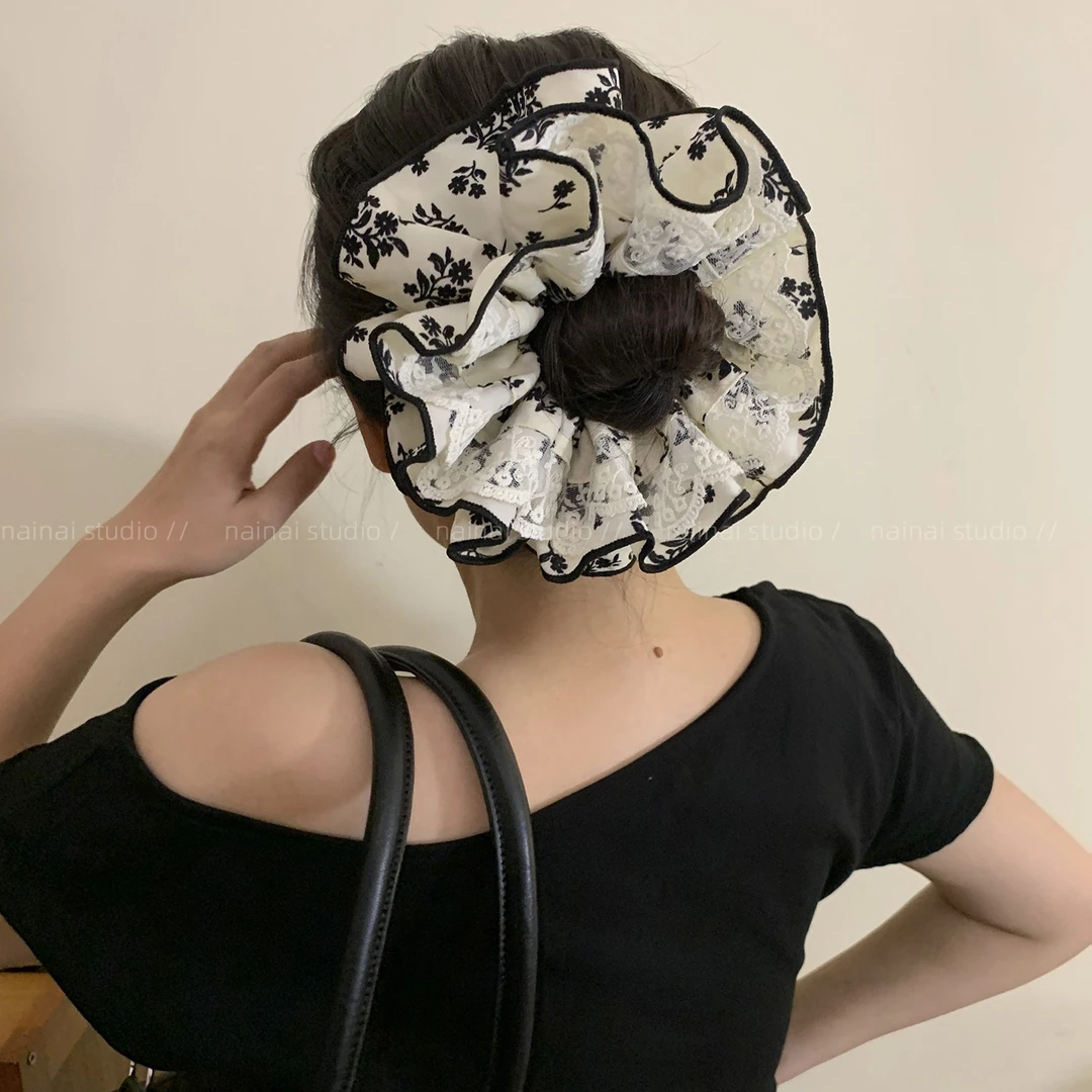 四层蕾丝超大号复古小碎花大肠发圈黑色花朵低马尾丸子头发绳女