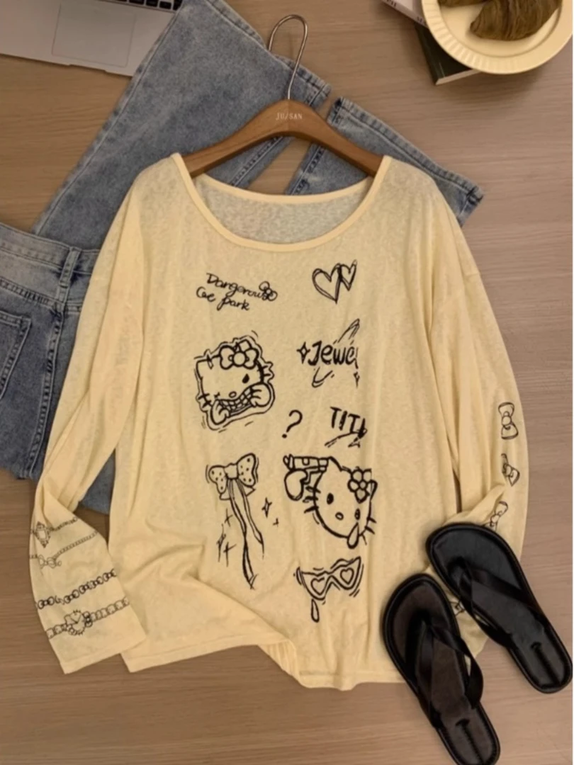 慵懒黄色长袖T恤女夏薄款设计感卡通印花宽松圆领套头防晒衣罩衫