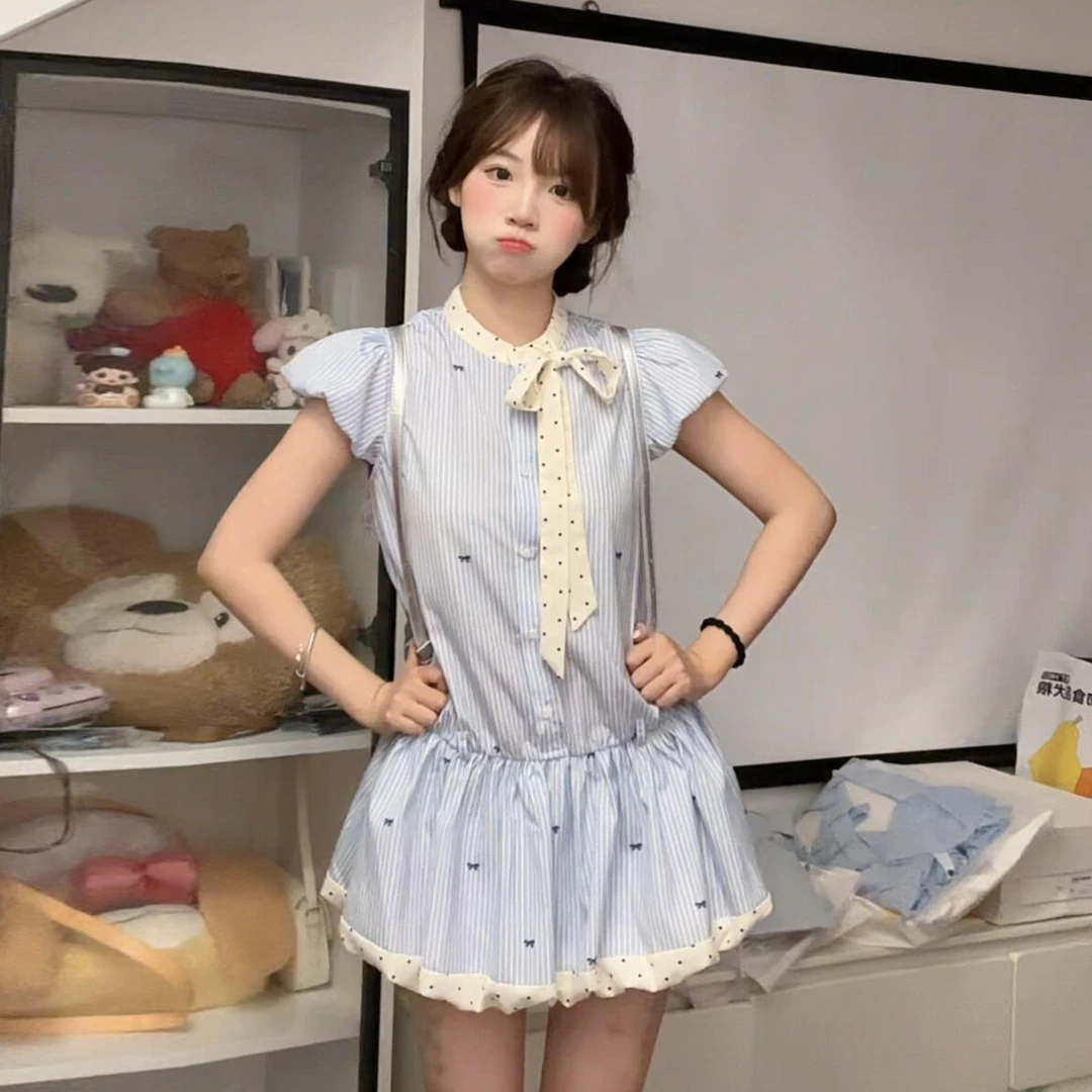 法式蓝色条纹连衣裙子女夏季后妈裙2025新款小众ootd穿搭花苞短裙