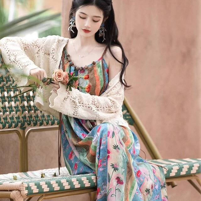 云南民族异域风情沙漠旅游拍照连衣裙海边度假风沙滩吊带长裙套装