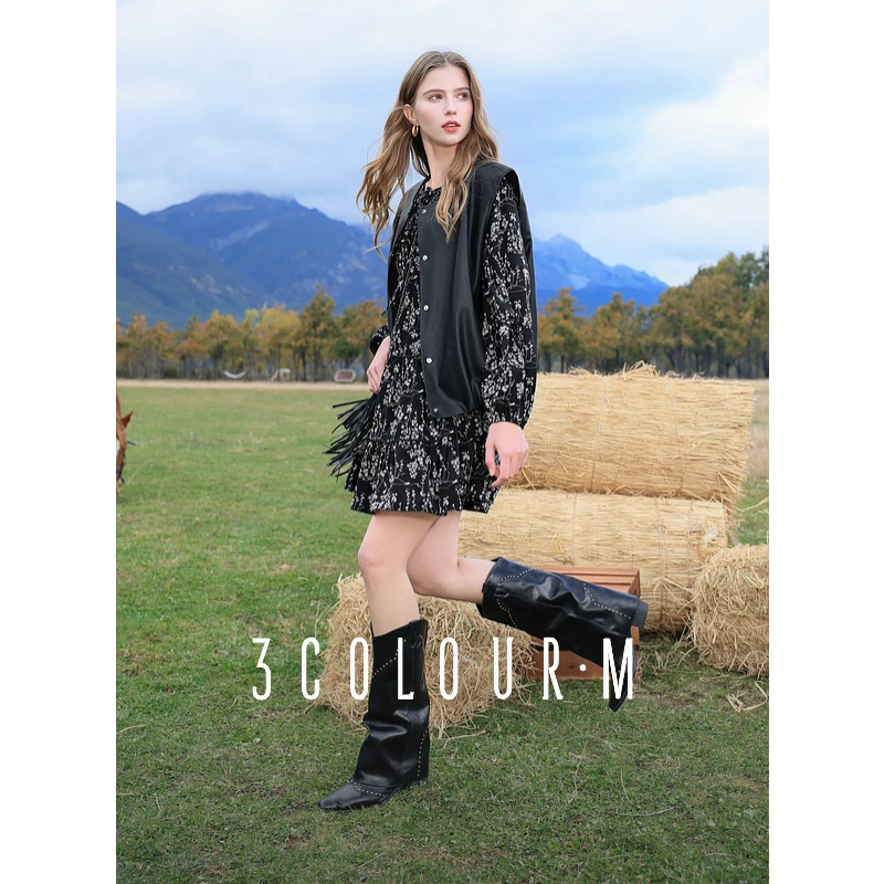 三彩2025春季新款法式复古碎花裙宽松显瘦A字连衣裙温柔短裙女M