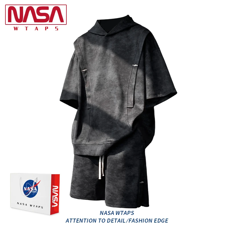 NASA WTAPS扎染连帽套装男款2025夏季宽松休闲两件套轻奢痞帅男装