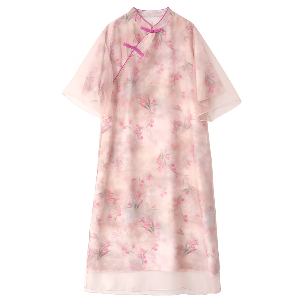 棉叙【清仓】欧根纱重工新中式旗袍裙女士夏季中长款连衣裙15719