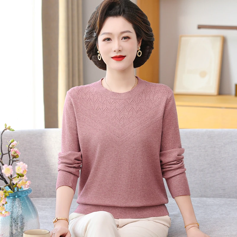 中年妈妈春装长袖上衣洋气针织打底衫中老年女装内搭圆领薄款毛衣