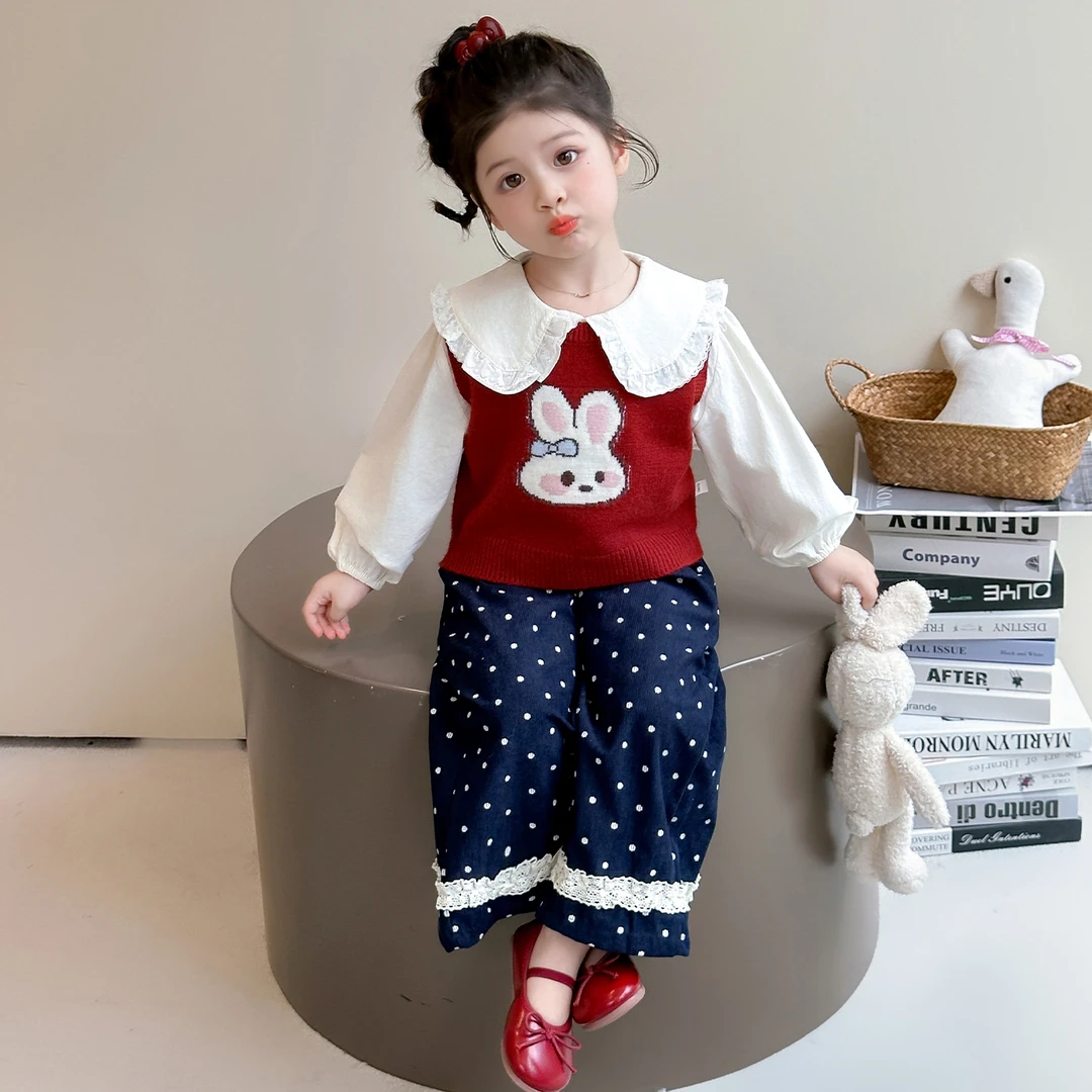 女童秋季2025新款洋气时尚儿童可爱小兔子马甲波点花边休闲风套装