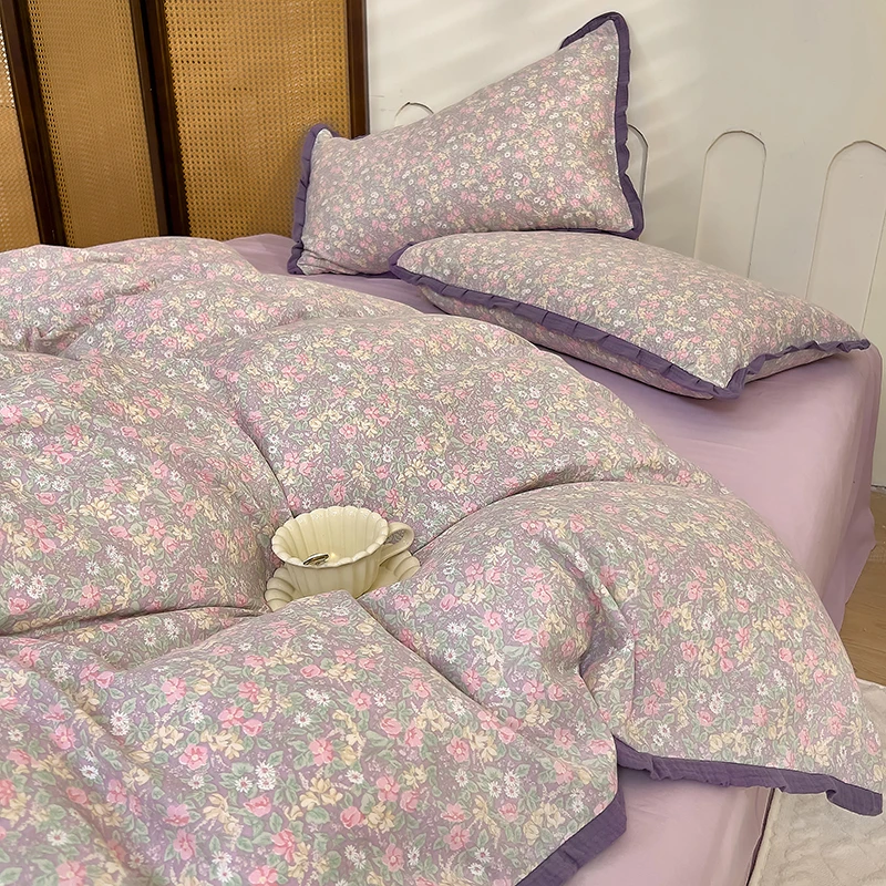 ROWHOLLY豆蔻 皱皱纱花边款双层纱四件套宿舍学生单人小清新