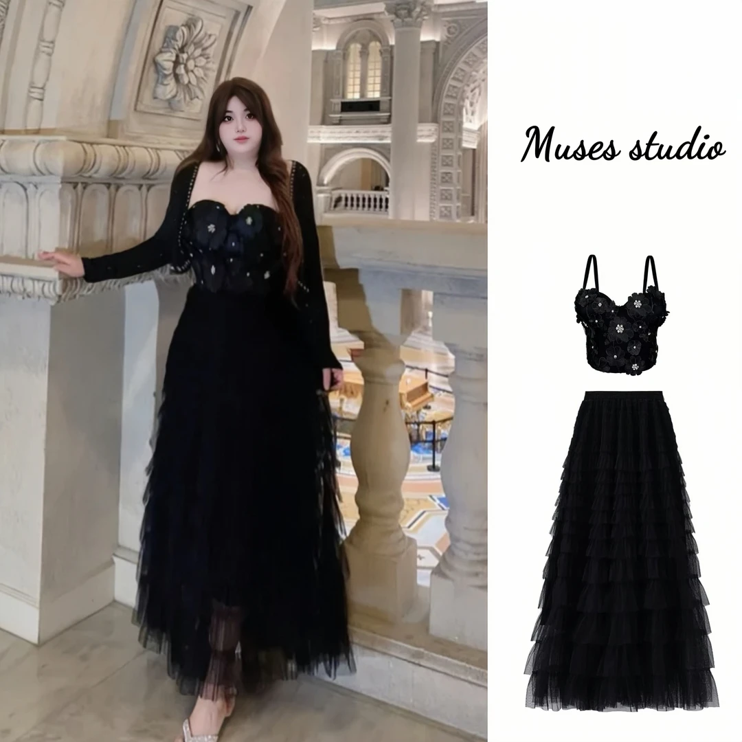 【玫瑰恋人】高端轻奢小众网纱半裙黑色花朵束腰上衣蛋糕裙两件套装
