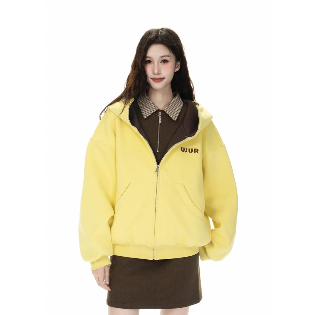 WUR「1300g重磅」撞色空气层连帽卫衣新款刺绣高领拉链外套男女同款