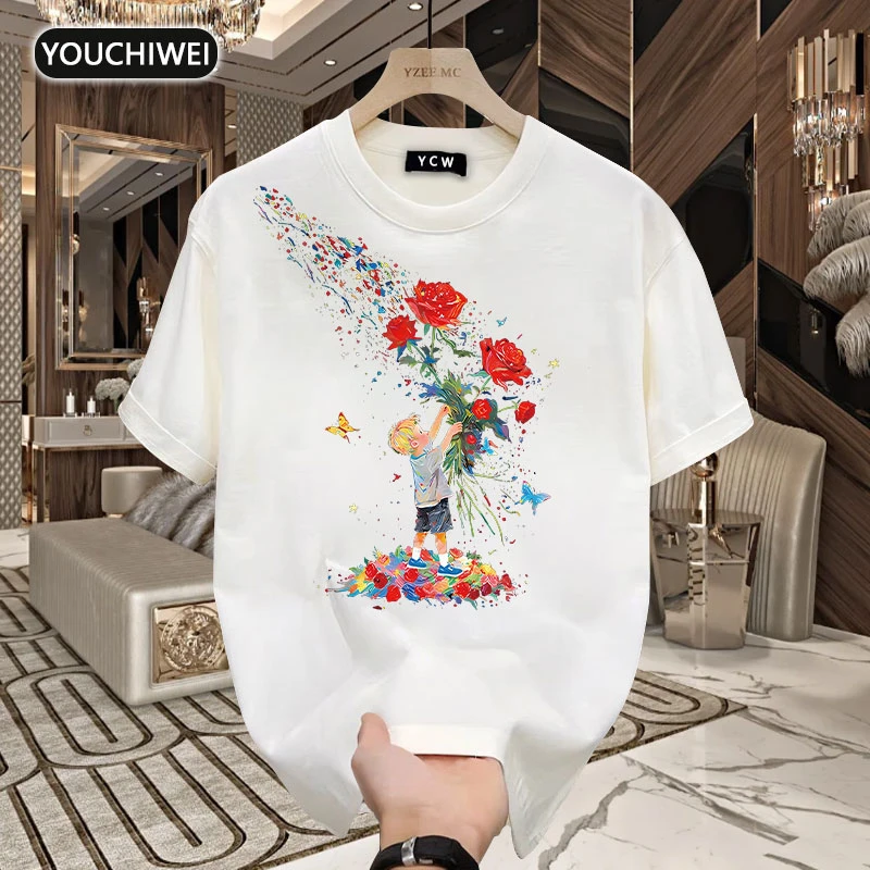 优驰威重磅棉短袖蝴蝶印花T恤青年男女同款夏季ins潮街头宽松上衣