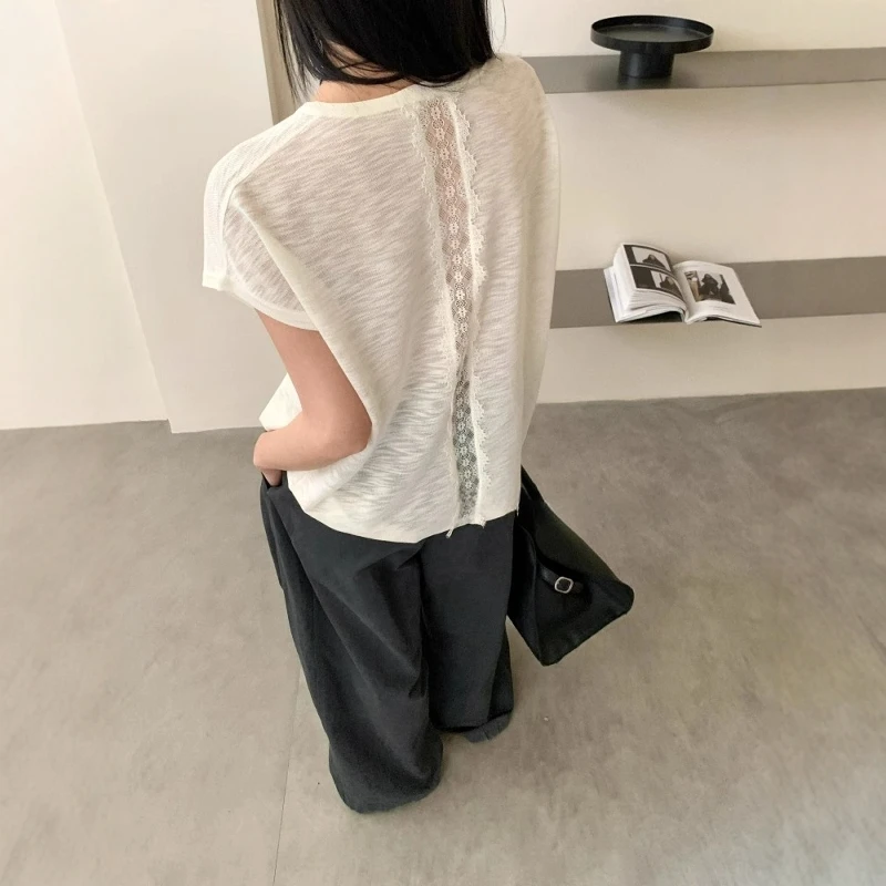 后背镂空白色竹节麻蕾丝v领正肩短袖T恤女夏季薄款慵懒风宽松上衣