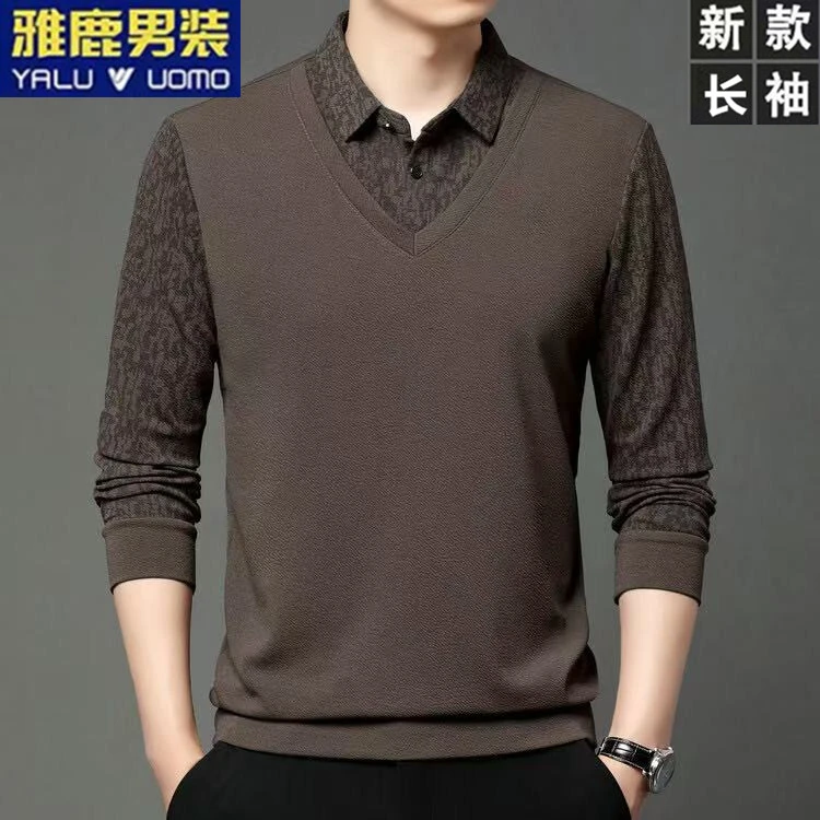 雅鹿男装长袖T恤高档百搭中年男士翻领polo休闲假两件打底衫上衣