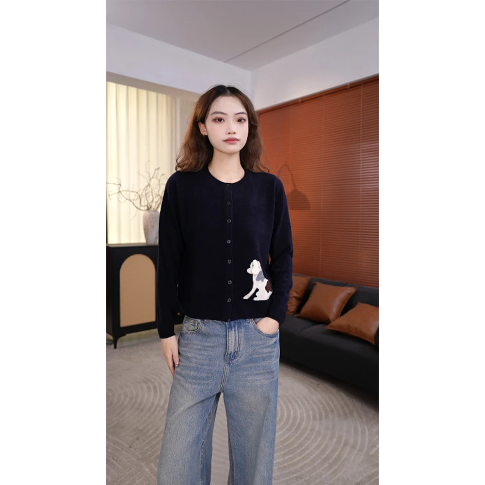 YIANYAN【大耳朵狗】秋季纯羊毛圆领提花开衫