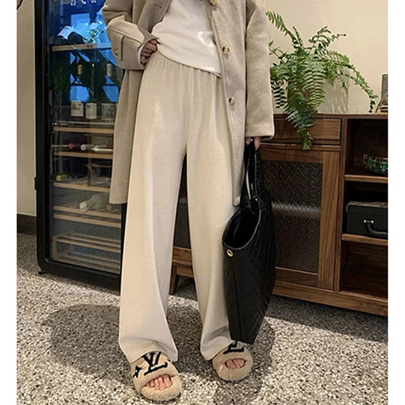 春装新品纯色仿羊绒高腰直筒阔腿垂感宽松百搭休闲口袋弹力女裤