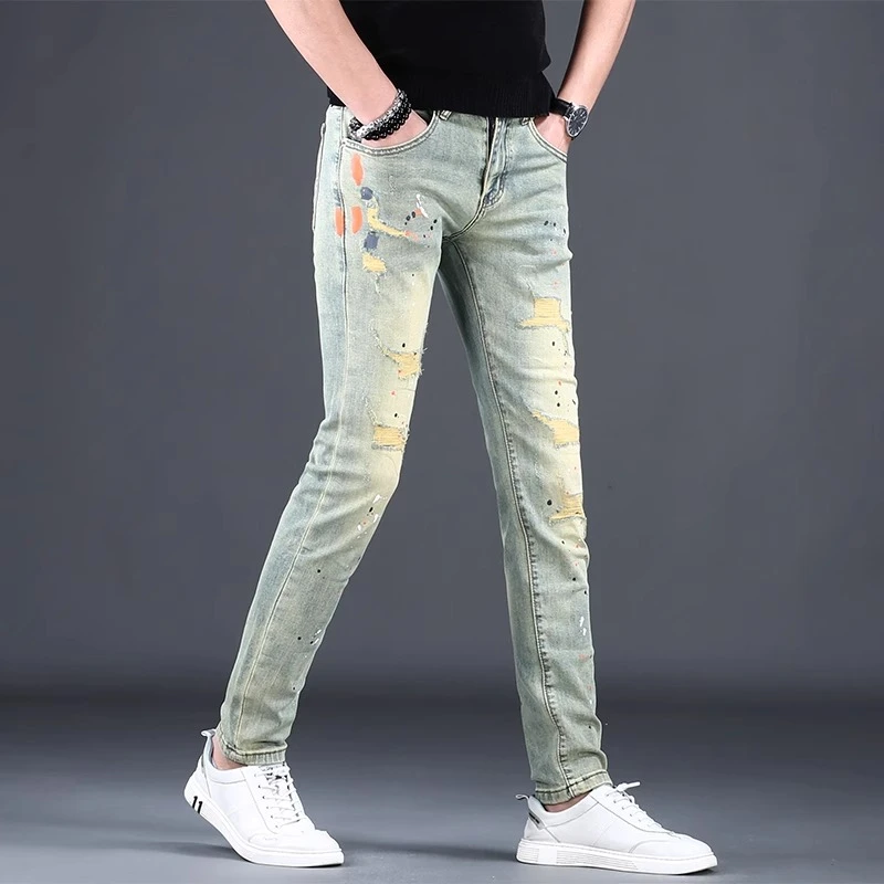 MR.25春季新款潮流破洞复古高端潮牛仔裤男款泼墨修身时尚弹力裤