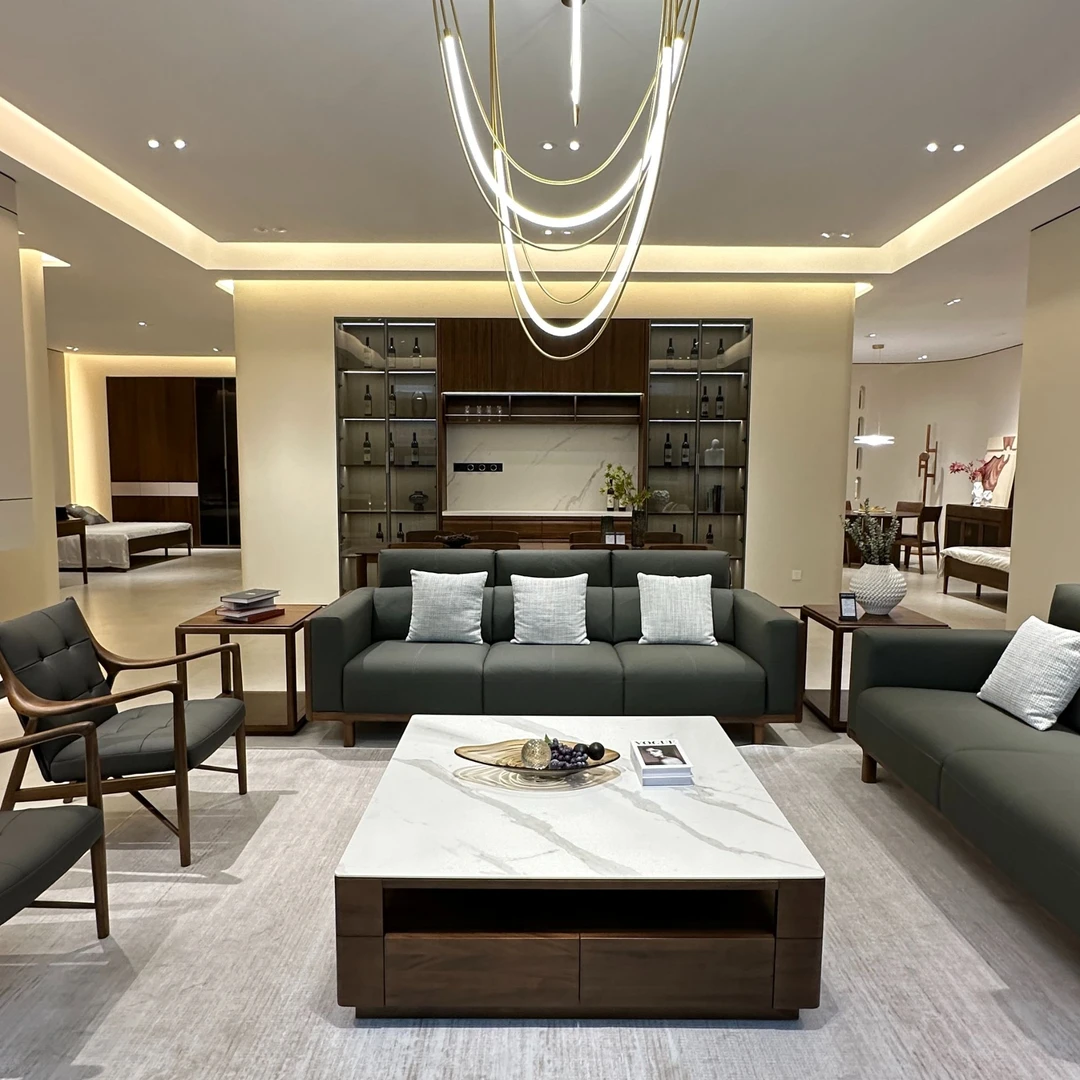 美迪雅简约黑胡桃实木沙发原木牛皮123沙发组合新中式北欧风客厅