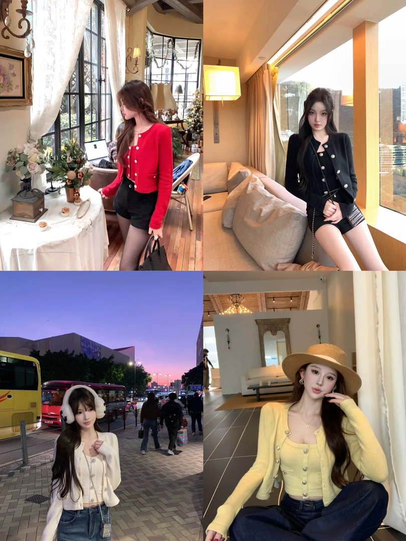 娇宠系列 小香风长袖针织开衫修身吊带背心两件套女